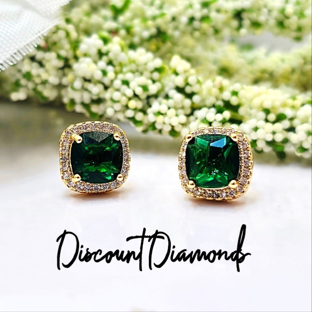 Green Emerald Earrings with White Baguette Diamonds 14K Gold on 925